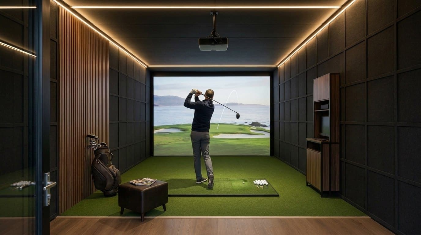 Kylfingur í lok sveiflu inni í golfhermishúsinu, höggtjaldið innst á bakstafninum