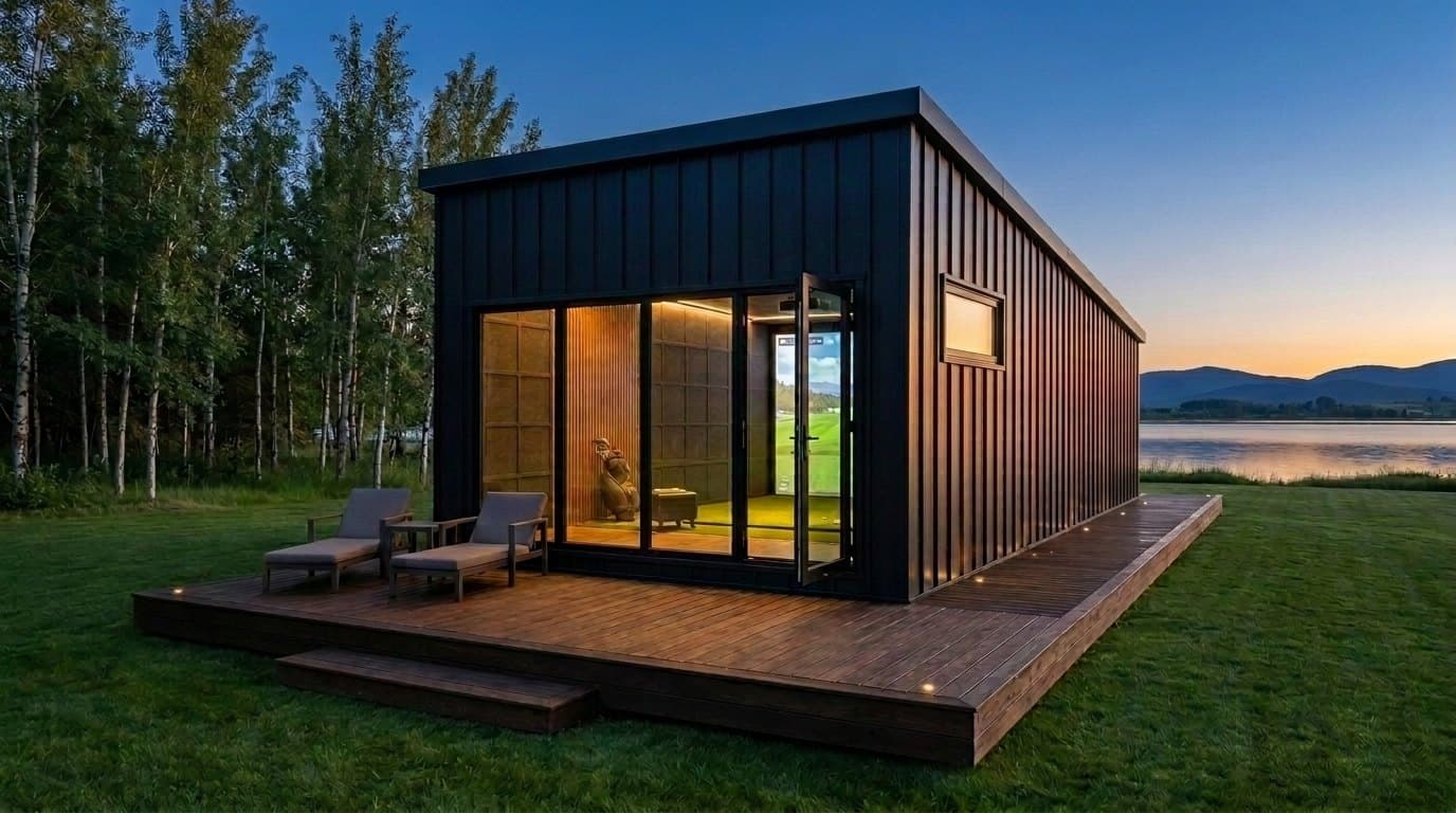 Suite: lengra golfhermishús á palli í rökkri, lítill baðgluggi á langhliðinni